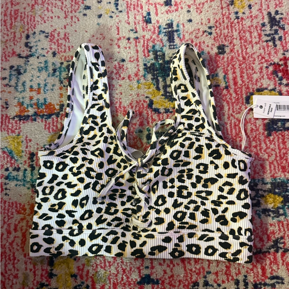 Cream Yoga Leopard Print Lace-Up Bra Top